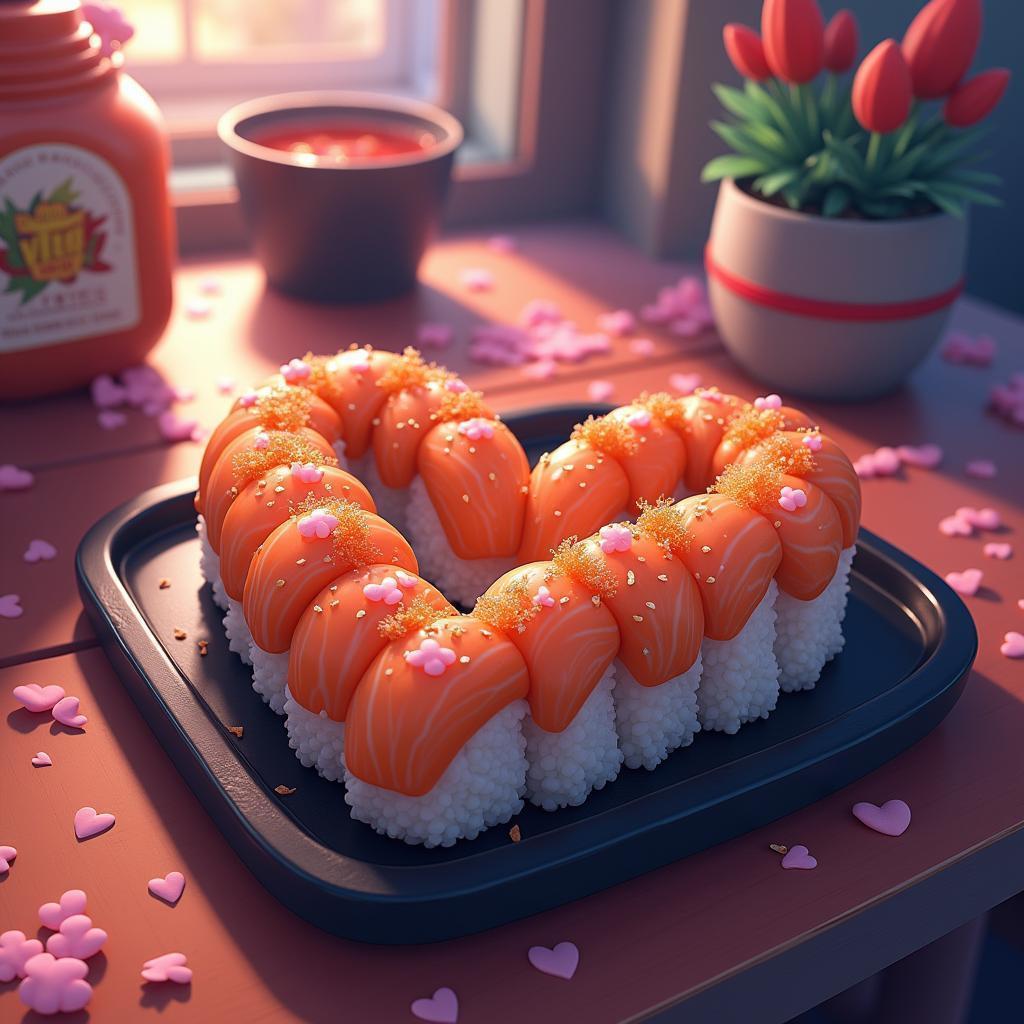 Heart Shaped Sushi Platter in Whimsical Anime