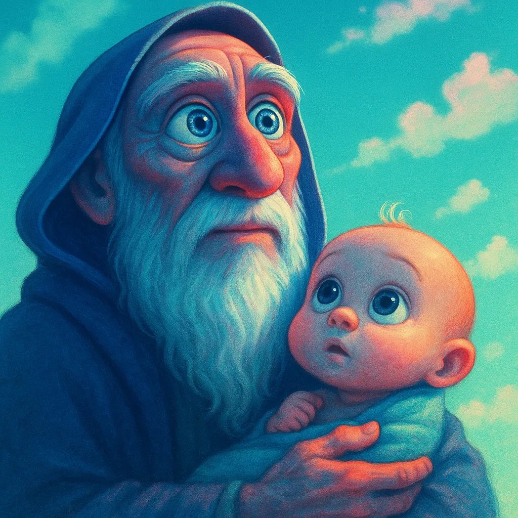 Thoughtful Disney-Pixar Sage with Striking Eyes Cradles a Diminutive Infant
