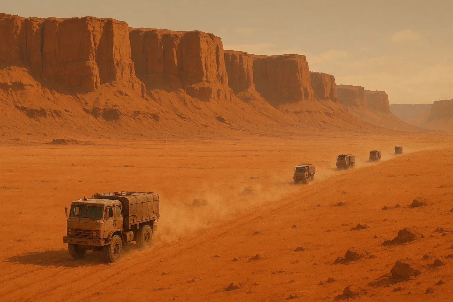 Sparse Convoy of Weathered Trucks Kicks Up Dust Trails