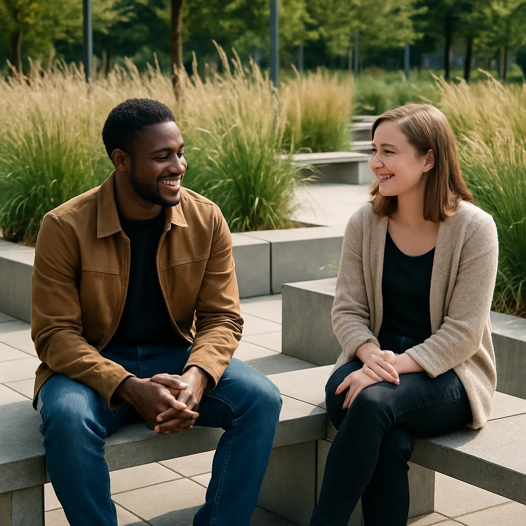 Two People Are Seated in a Modern Outdoor Park Area