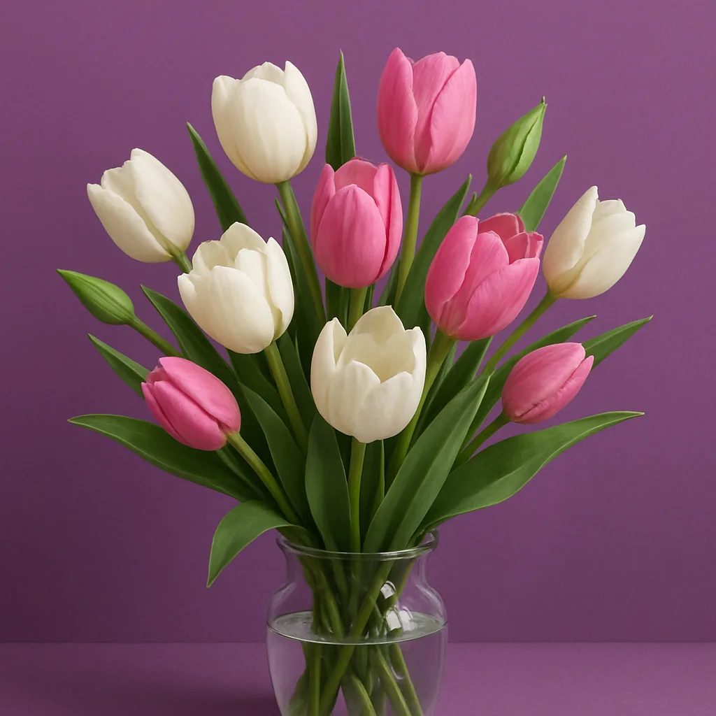Glass Vase Filled with White and Pink Tulips and Buds