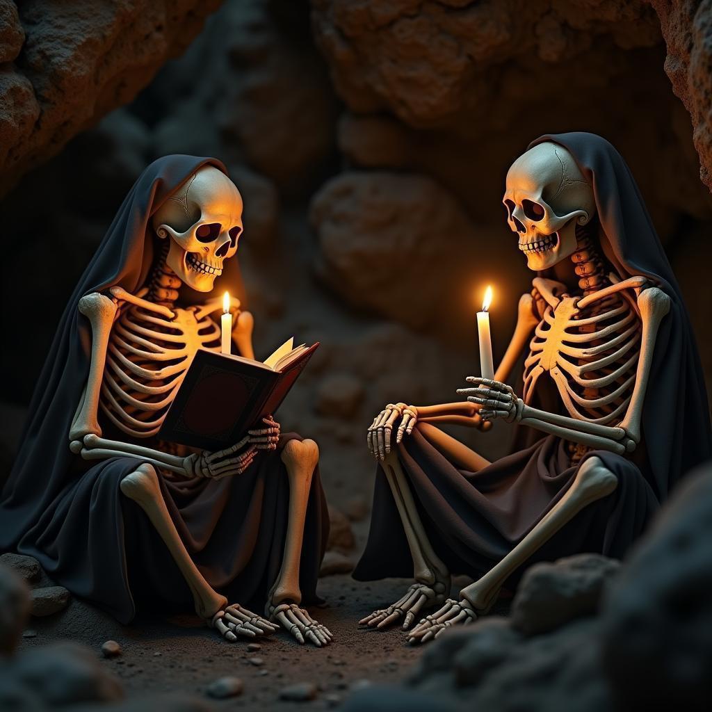Pensive Skeletons With Candles in a Dim Cave