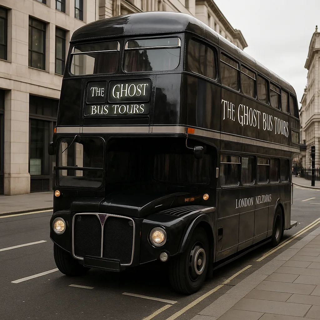 Black Double-decker Bus Labeled "The Ghost Bus Tours"