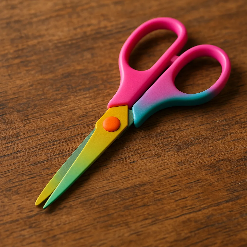 Pair of Vibrant Scissors Resting on a Wooden Tabletop