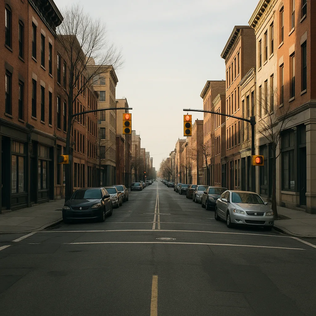 Quiet Urban Street Lined with Buildings on Both Sides