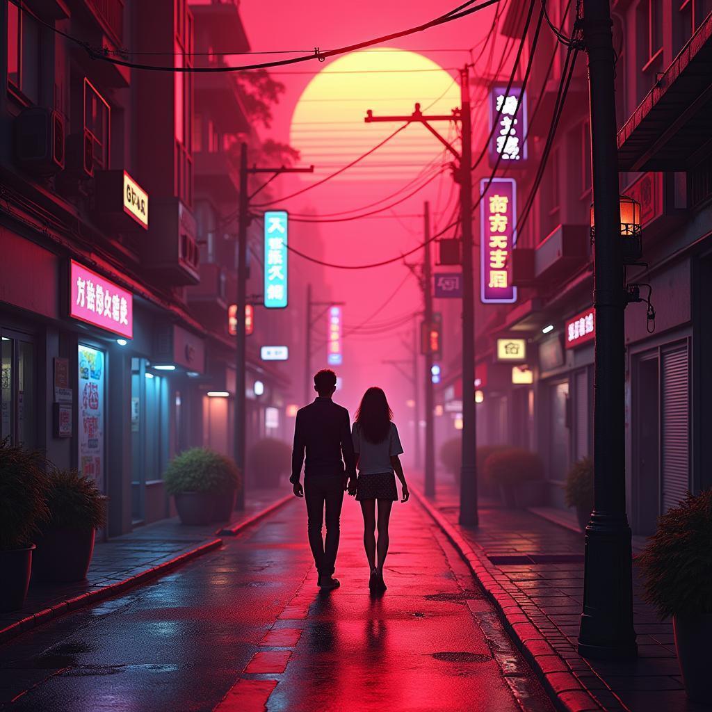 Couple Strolling Neon Streets Under a Red Sky