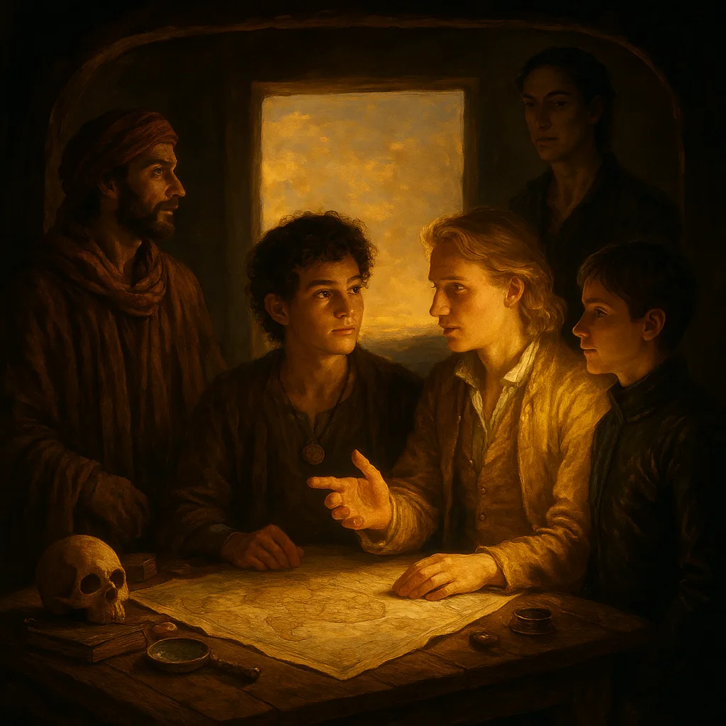 Five Figures Engage Around an Antique Explorer's Desk Laden