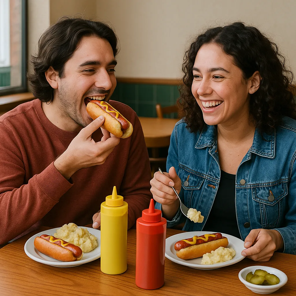 Two People Sitting at a Table Eating Food Including Hot
