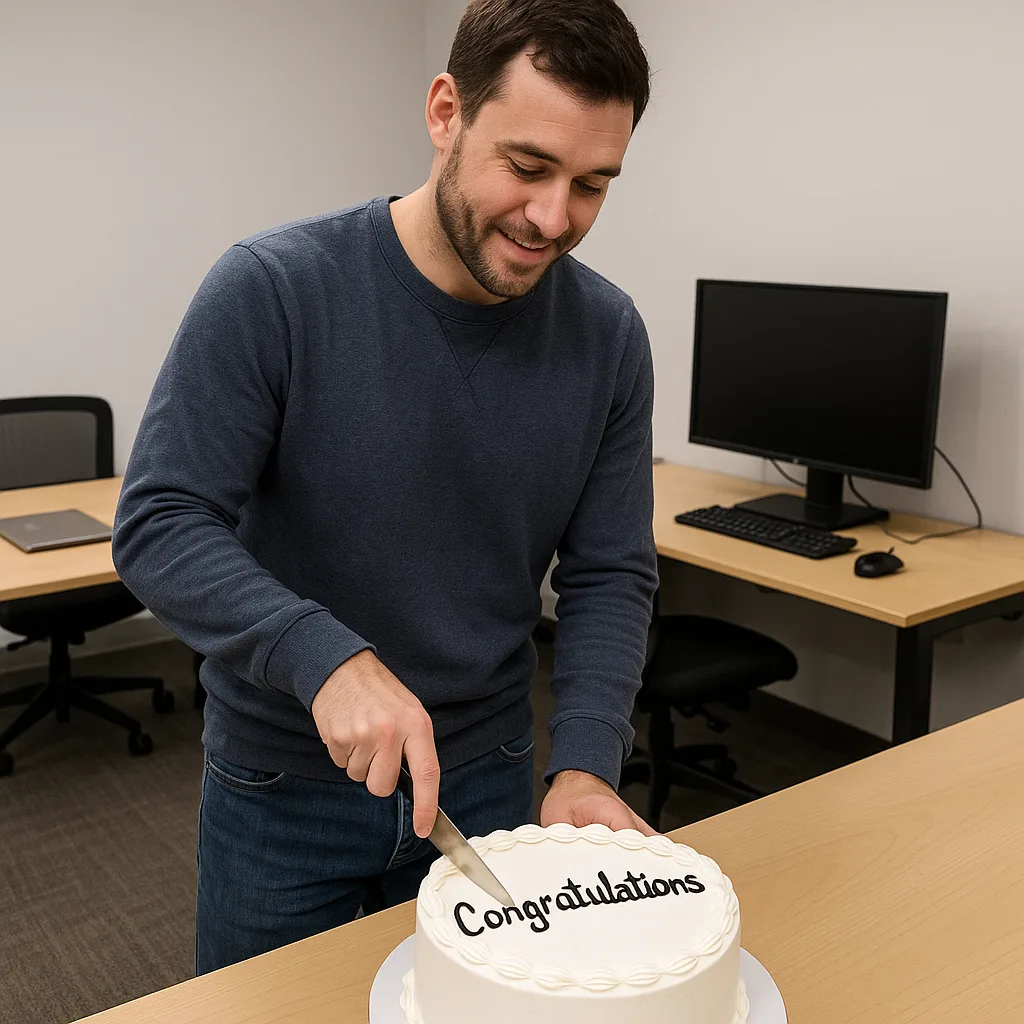 Man Dressed in Casual Clothing Cuts a White Cake