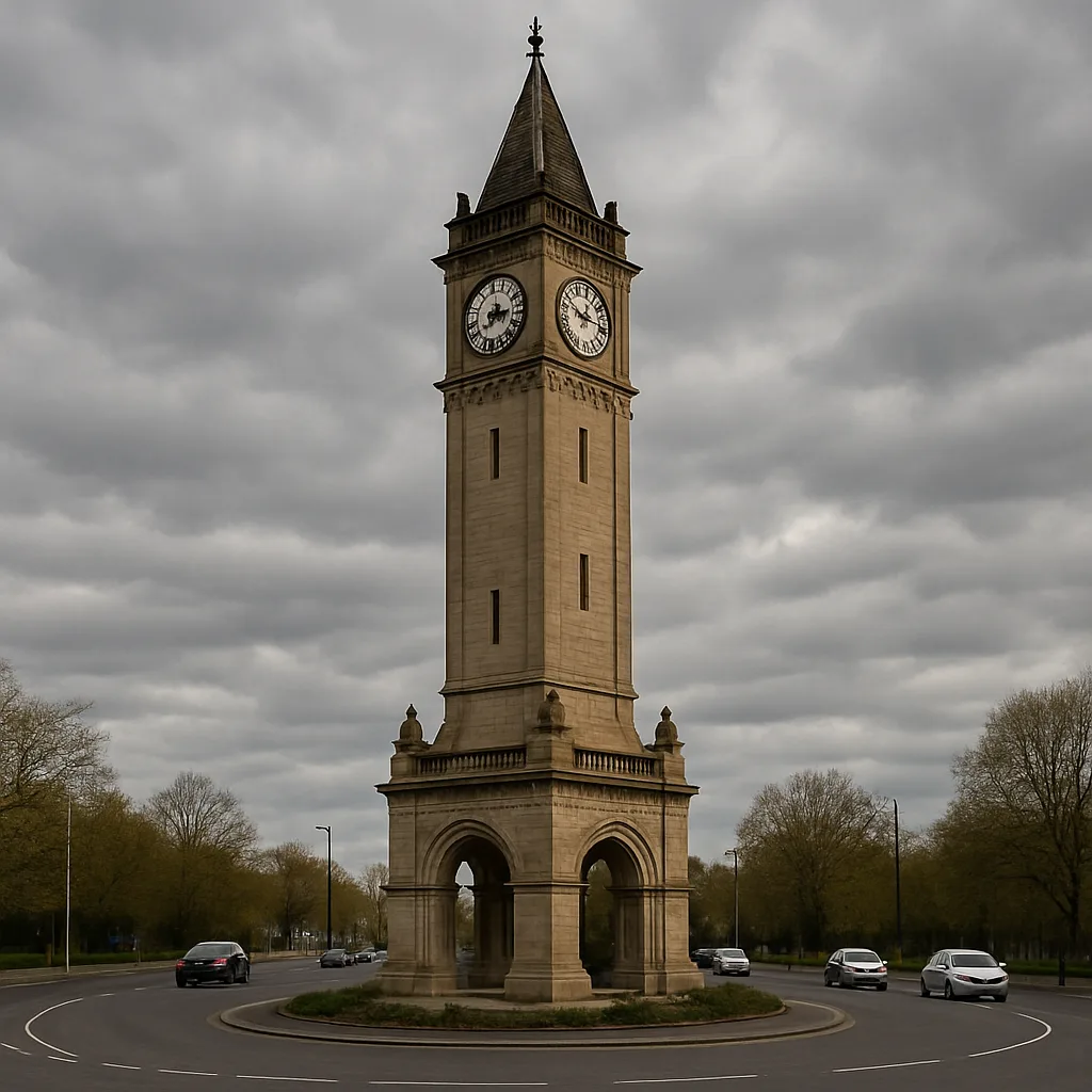 Tall Clock Tower Surrounded by a Roundabout with Sparse Traffic