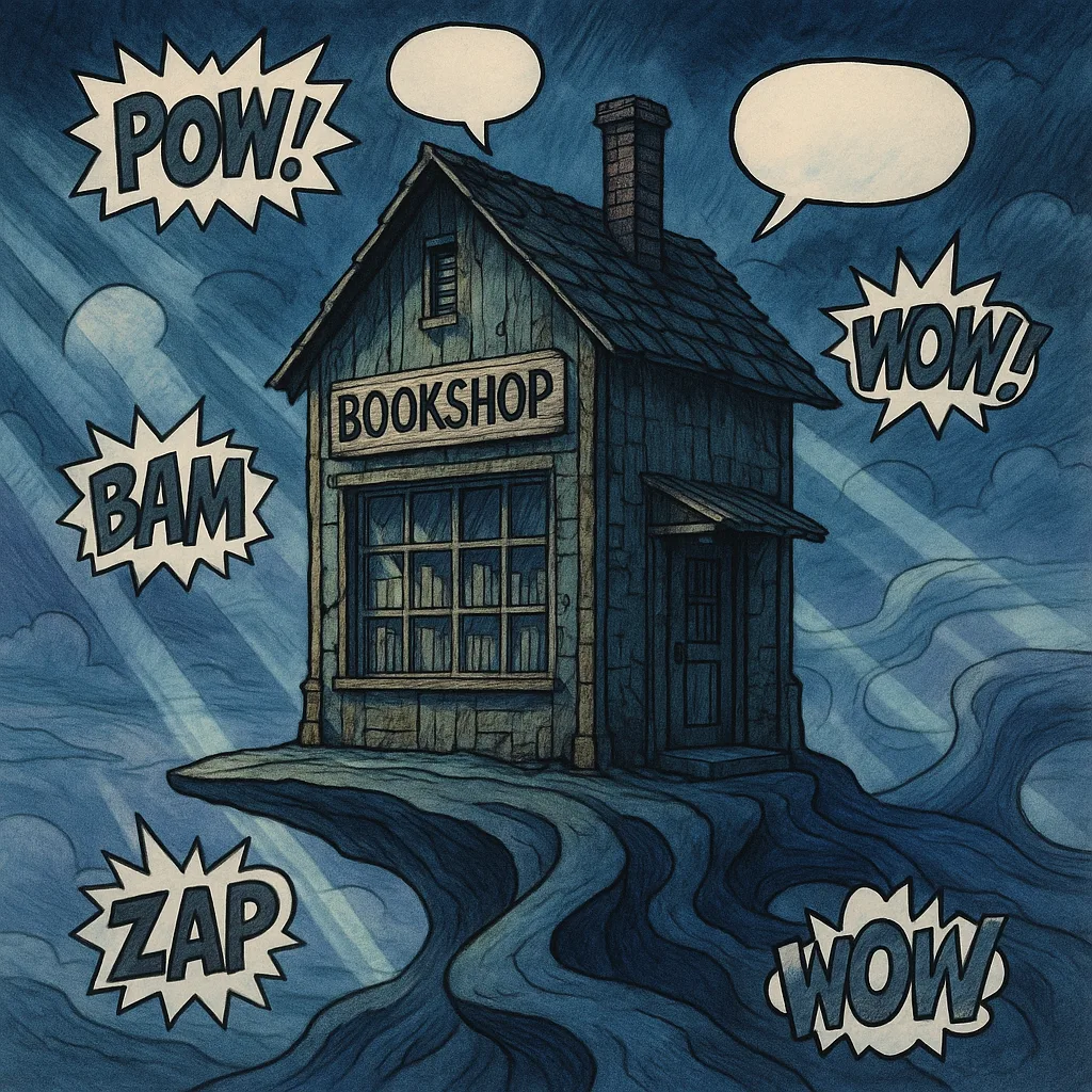 Weathered Bookshop with Comic-style Speech Bubbles and Onomatopoeia Nestles