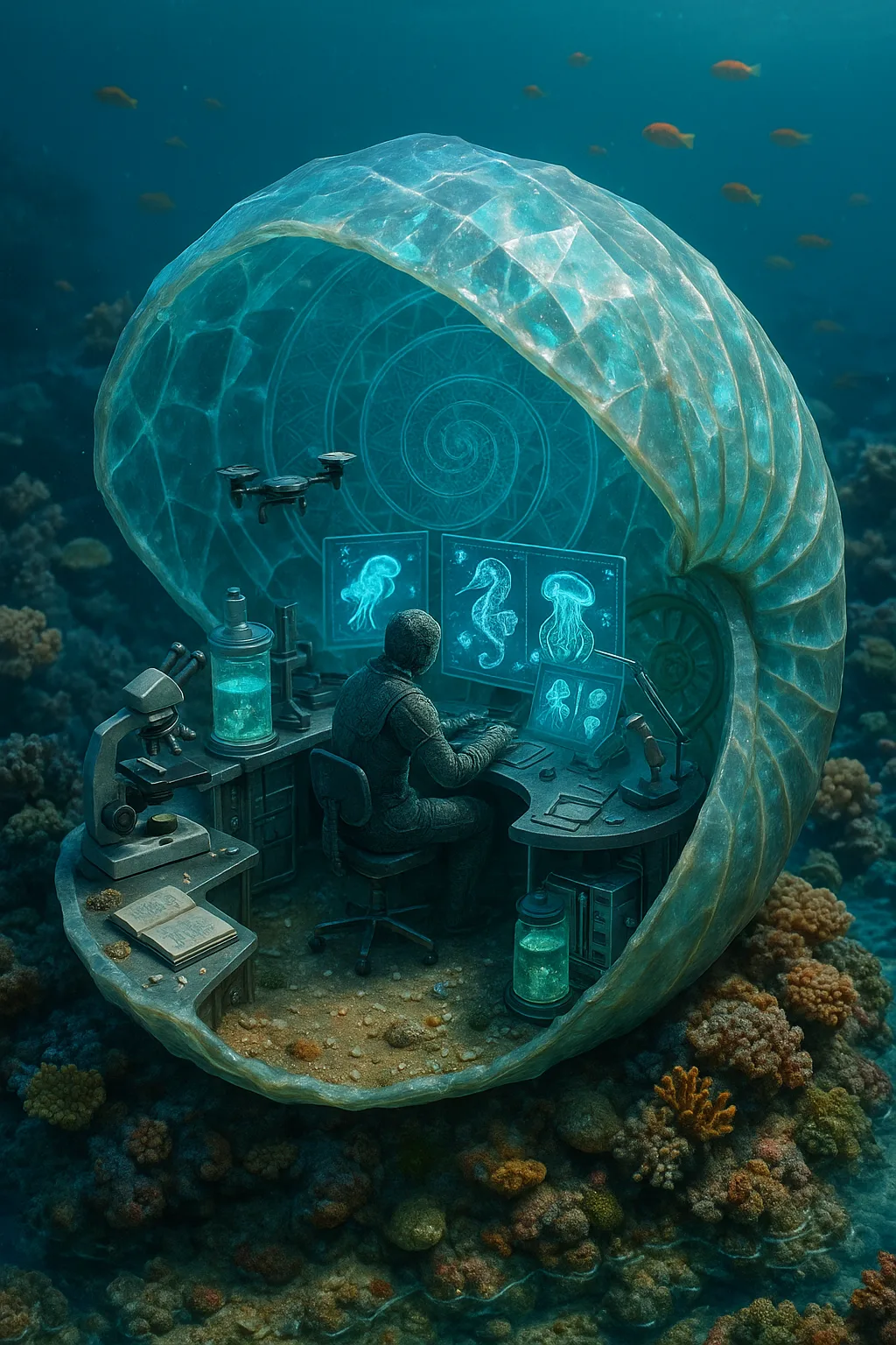 Imagine a Hyper-detailed Isometric 3D Representation of an Underwater Laboratory