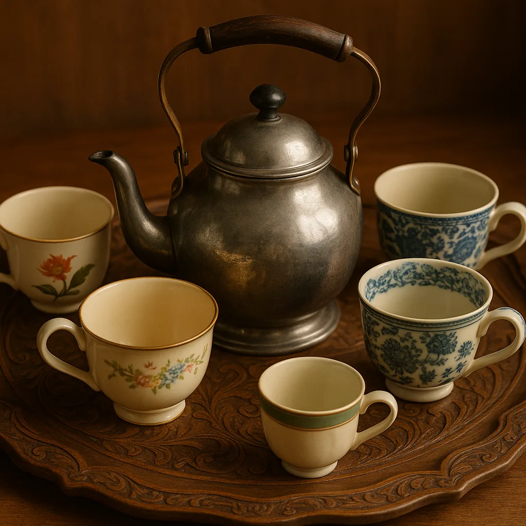 Ornate Wooden Tray Holds a Kettle Encircled by Four Teacups
