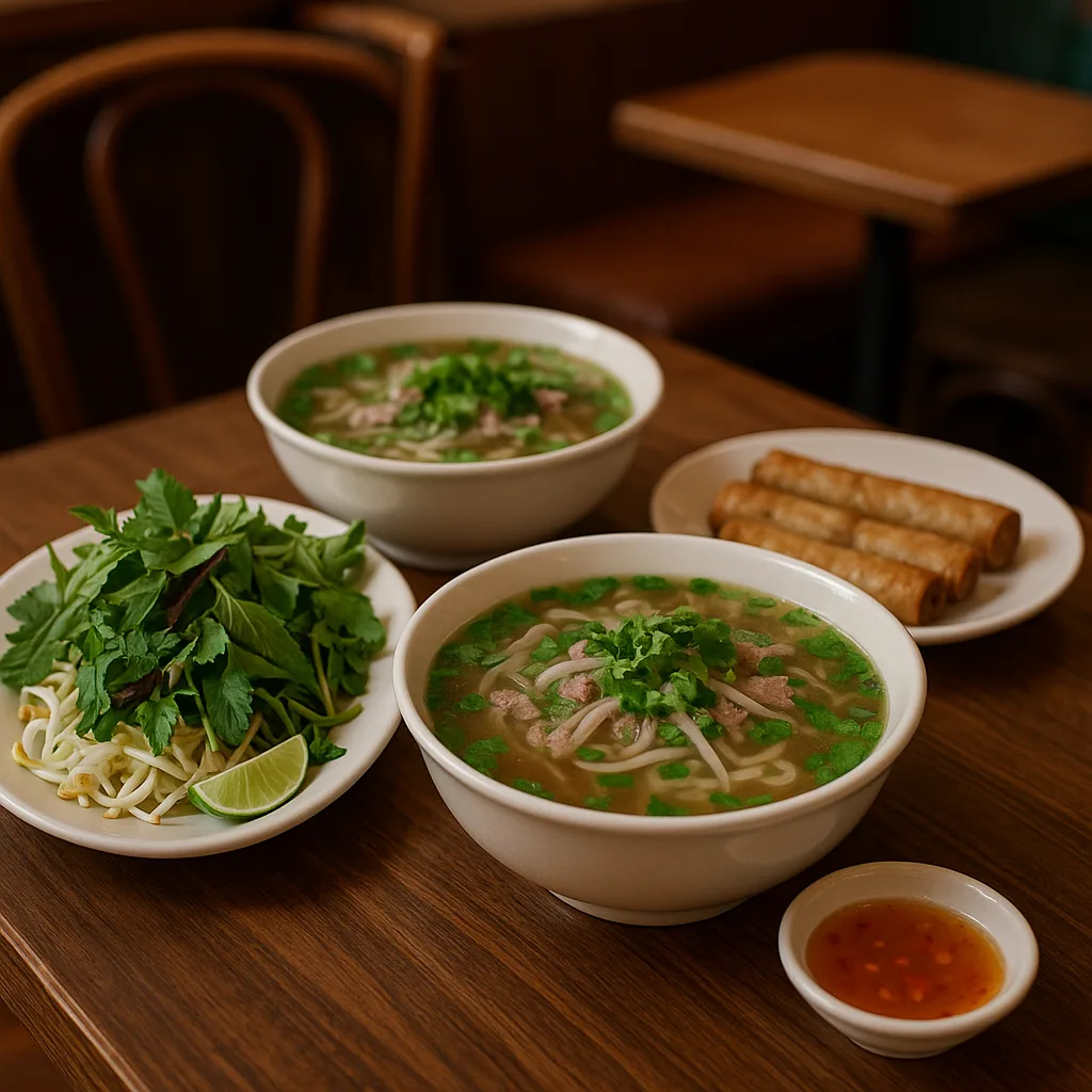 Table Set with Bowls of Noodle Soup