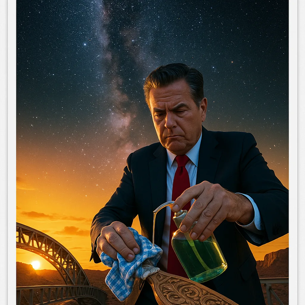 Politician with Gelled Hair Applies Metallic Soap from a Dispenser