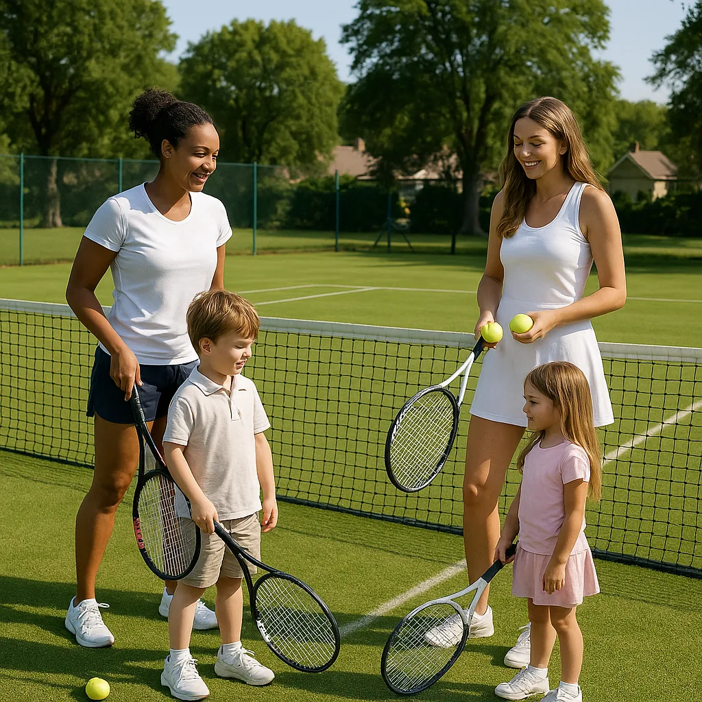 Two Women and Two Children Are on a Grass Tennis