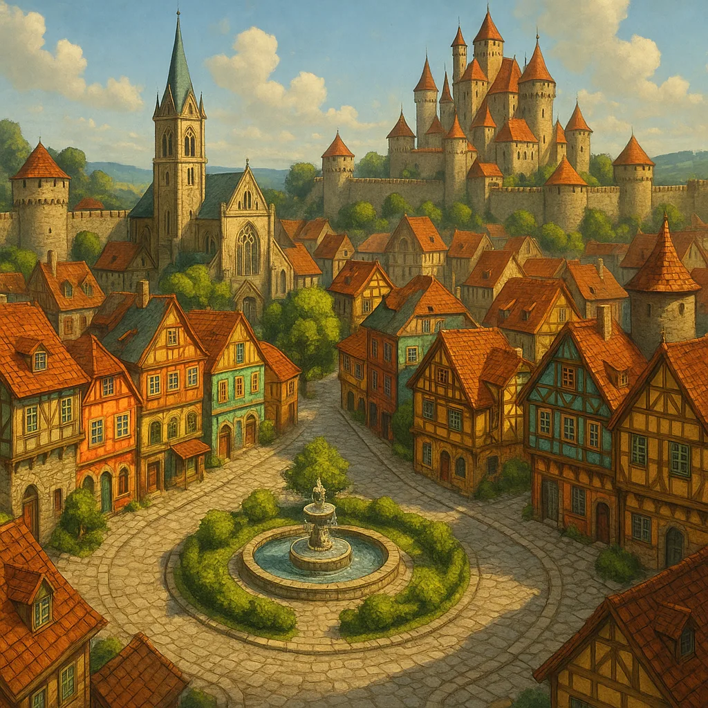 Medieval-style City with Colorful Buildings