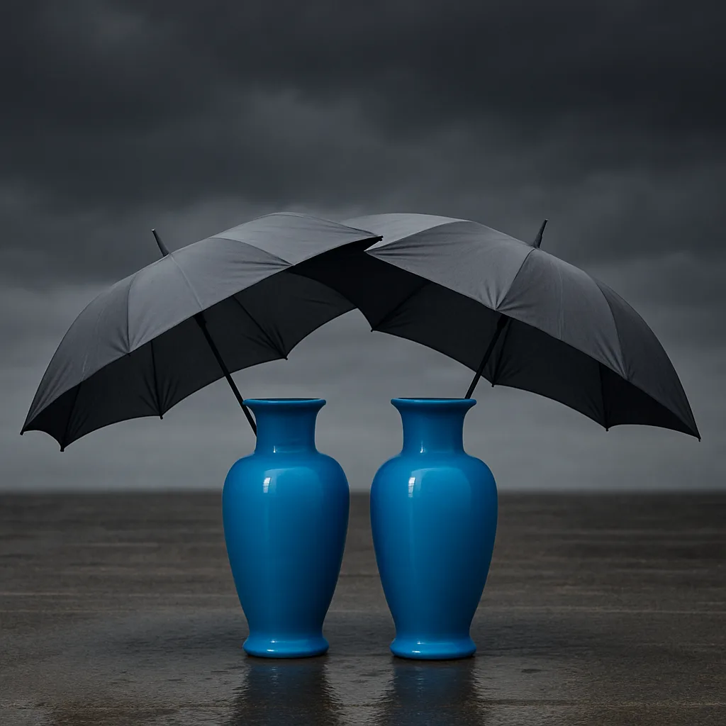 Beneath Two Open Grey Umbrellas