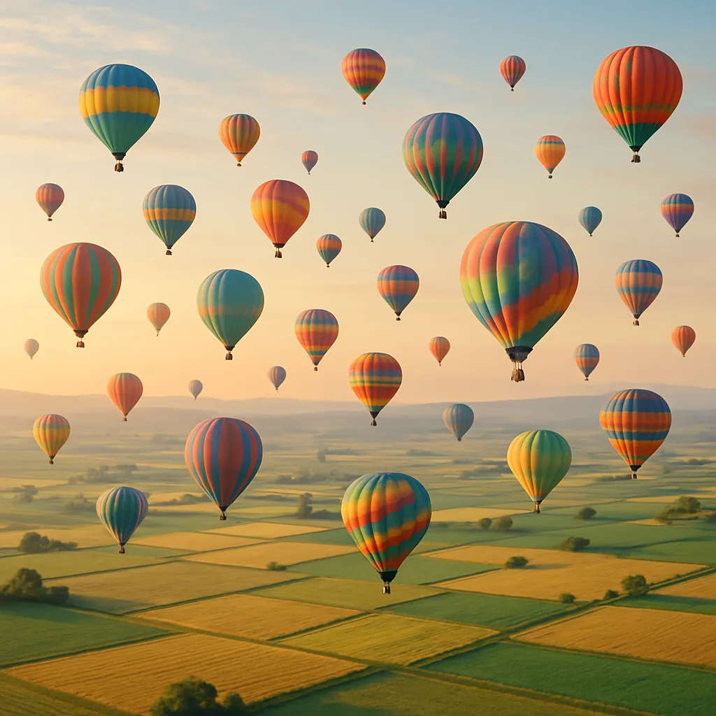Dozens of Brightly Colored Hot Air Balloons Drift Serenely
