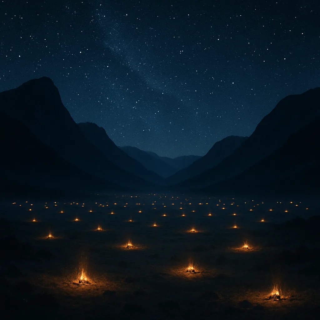 Many Distant Campfires Flicker Warmly Across a Vast