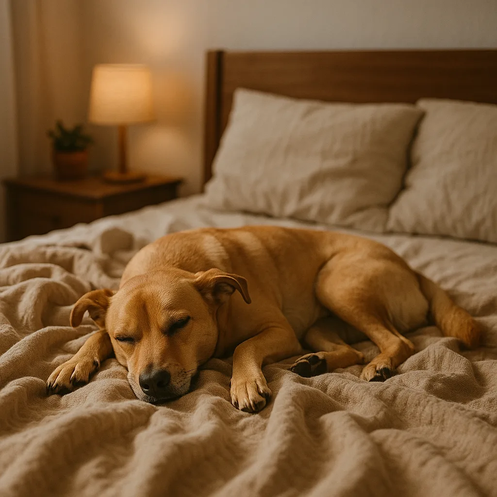 Tan-colored Dog Is Asleep on a Crumpled Blanket