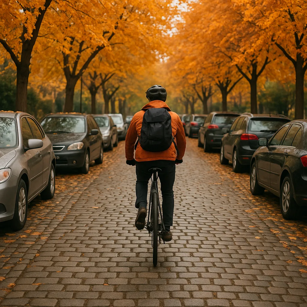 Cyclist Rides on a Cobblestone Street Surrounded by Parked Cars
