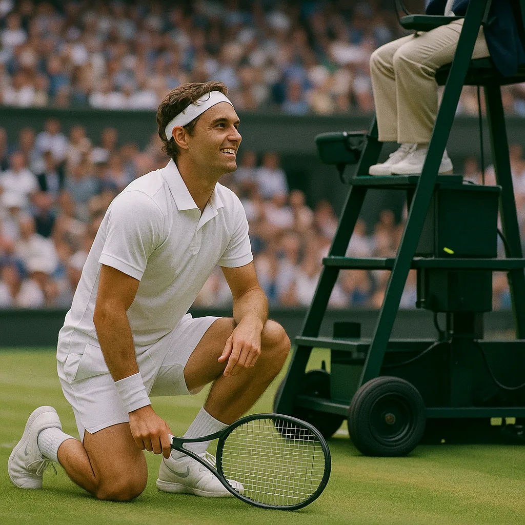Tennis Player Wearing White Attire Kneels on a Grassy Court