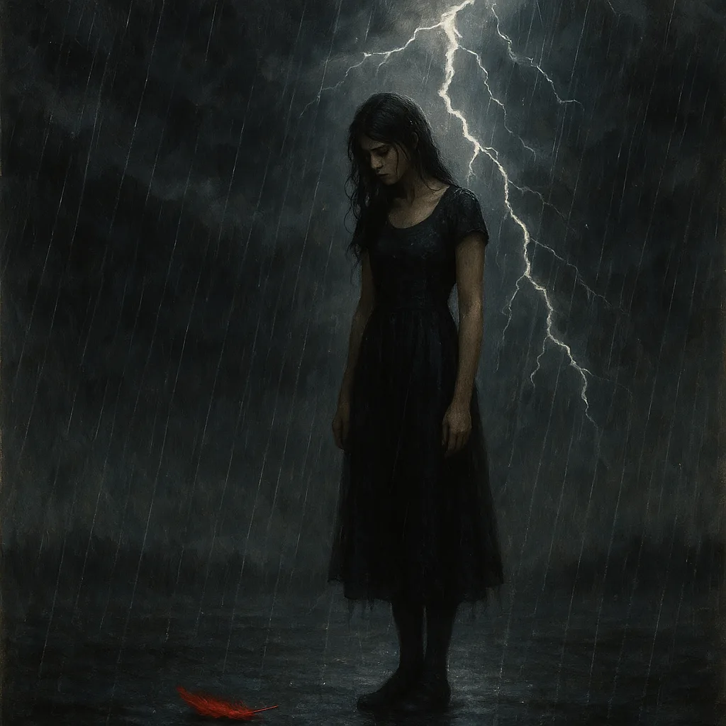 Woman in a Dark Dress Stands in the Rain