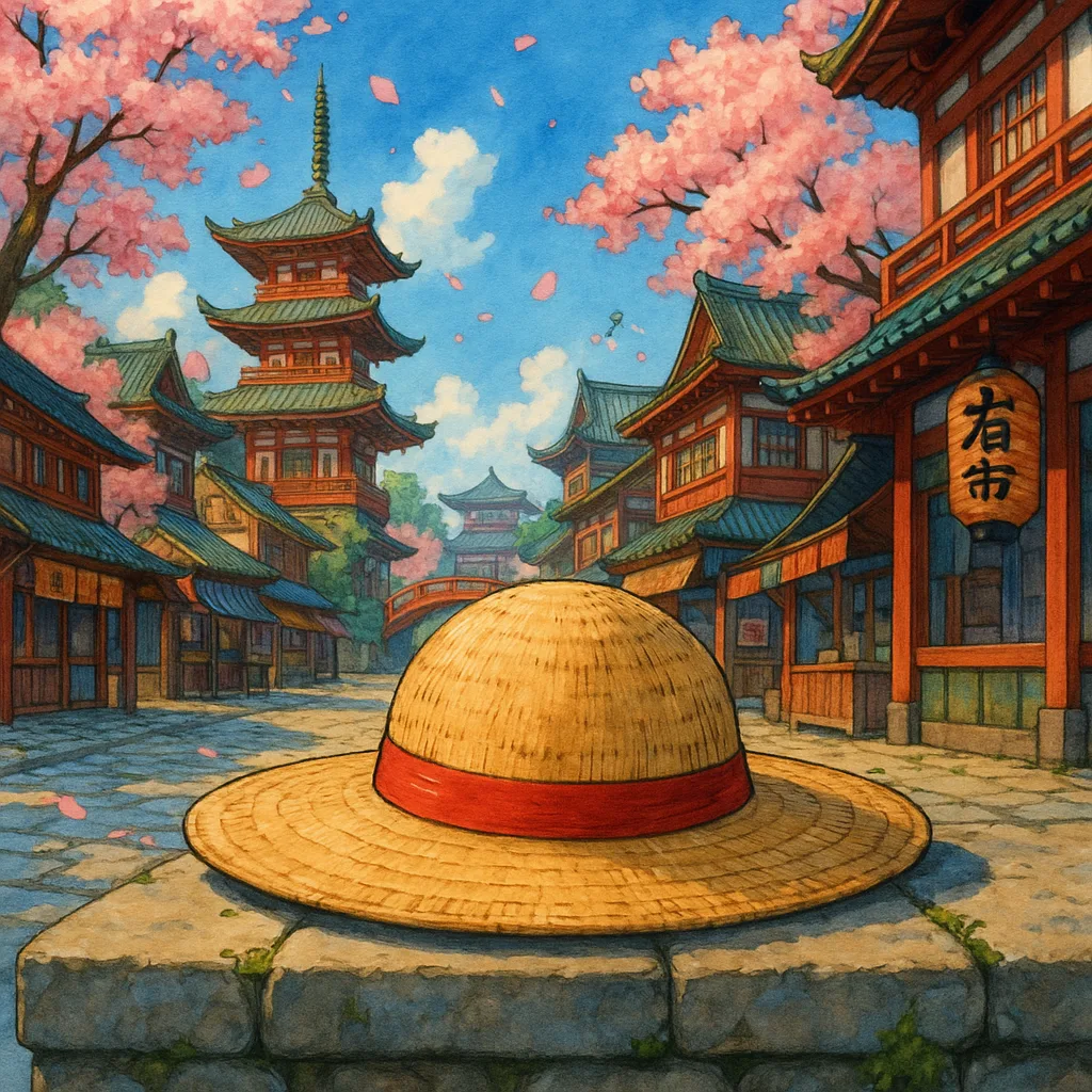 Vibrant Japanese Backdrop Showcasing the Iconic Straw Hat