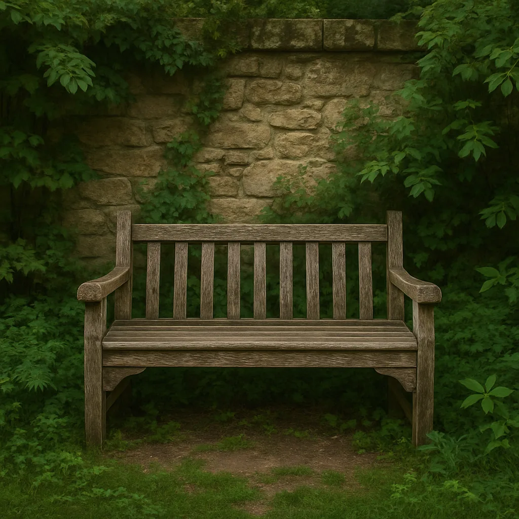 Rustic Wooden Bench Placed Amidst Lush Vegetation
