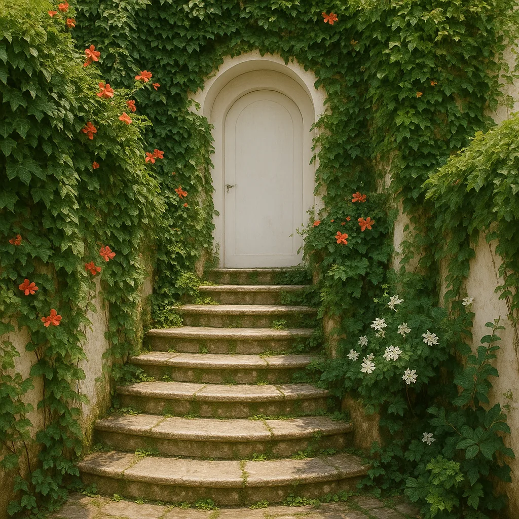 Charming Ivy-covered Staircase Leads to a White Arched Doorway