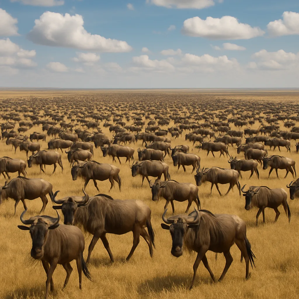 Immense Herd of Wildebeest Stretches Across a Golden Savanna Plain