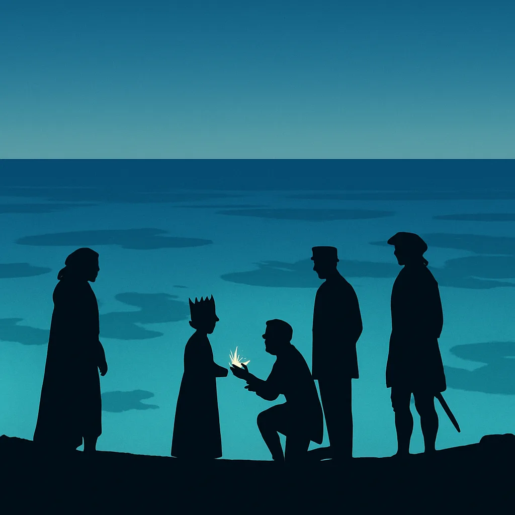 Four Distant Figures Are Starkly Silhouetted Against a Serene Lagoon