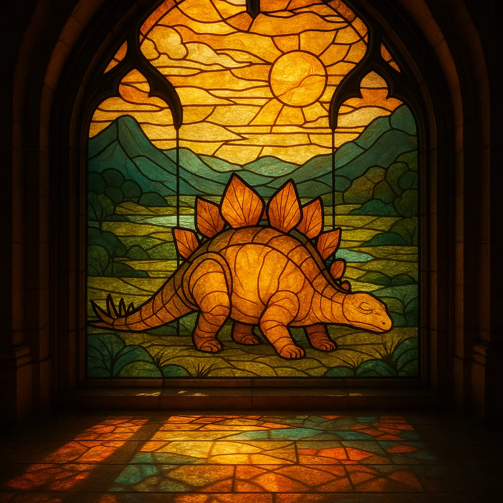 Radiant Stained Glass Window Depicts a Peaceful Stegosaurus in Hues