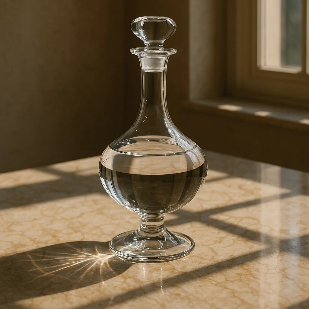 Impeccable Glass Decanter Stands Upside-down Atop a Sleek Marble Countertop