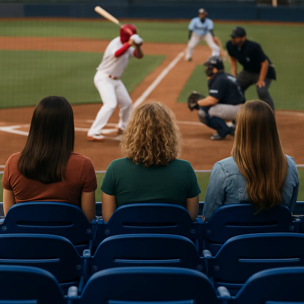 Three Women Seated in Blue Stadium Chairs Watching a Baseball