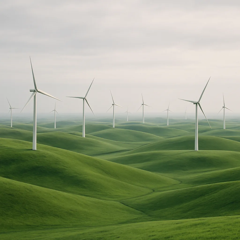 Many Distant Wind Turbines Slowly Turn their Blades