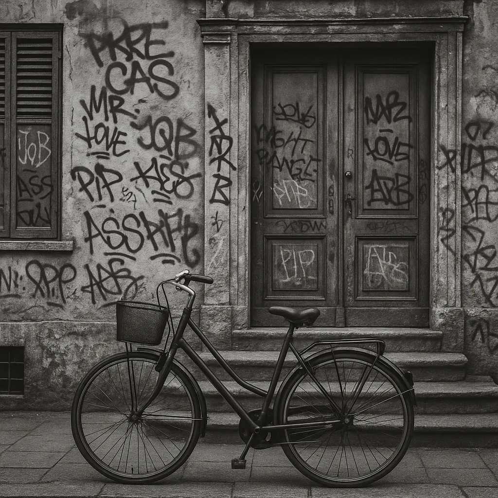 Black-and-white Image of a Parked Bicycle in Front
