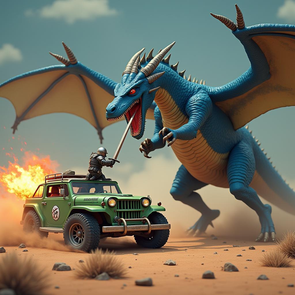 Blue Knight Duels a Dragon in the Desert