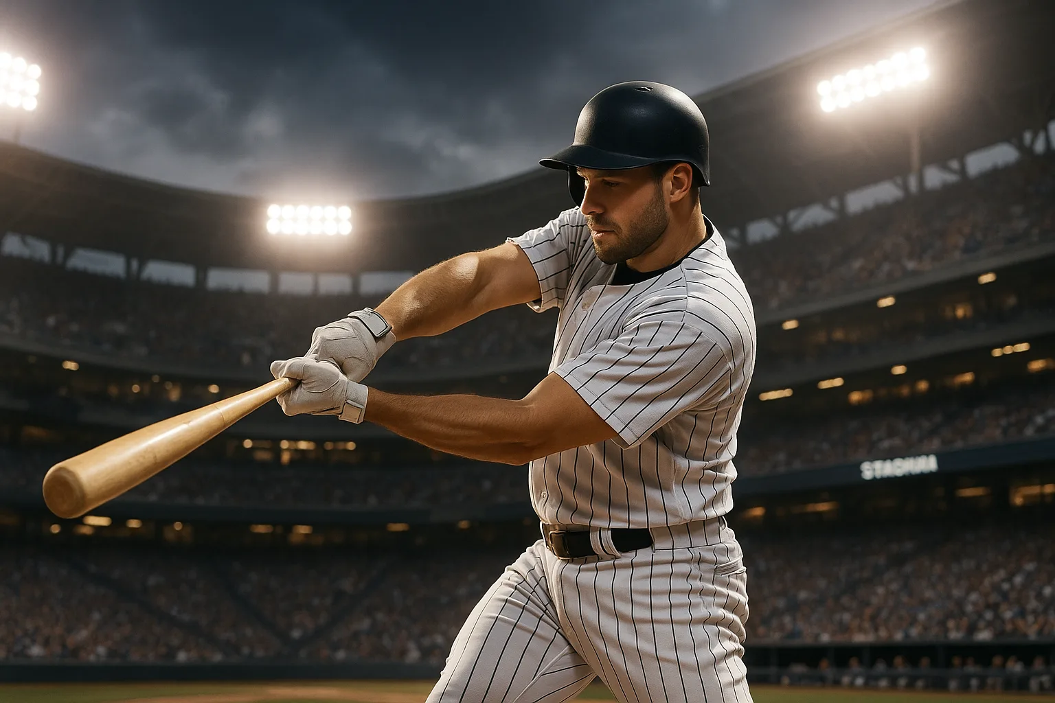 Baseball Player in a White Striped Uniform Swings a Bat