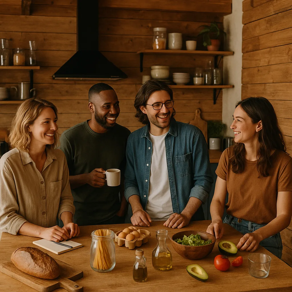 Group of People Casually Gathered in a Wooden Kitchen