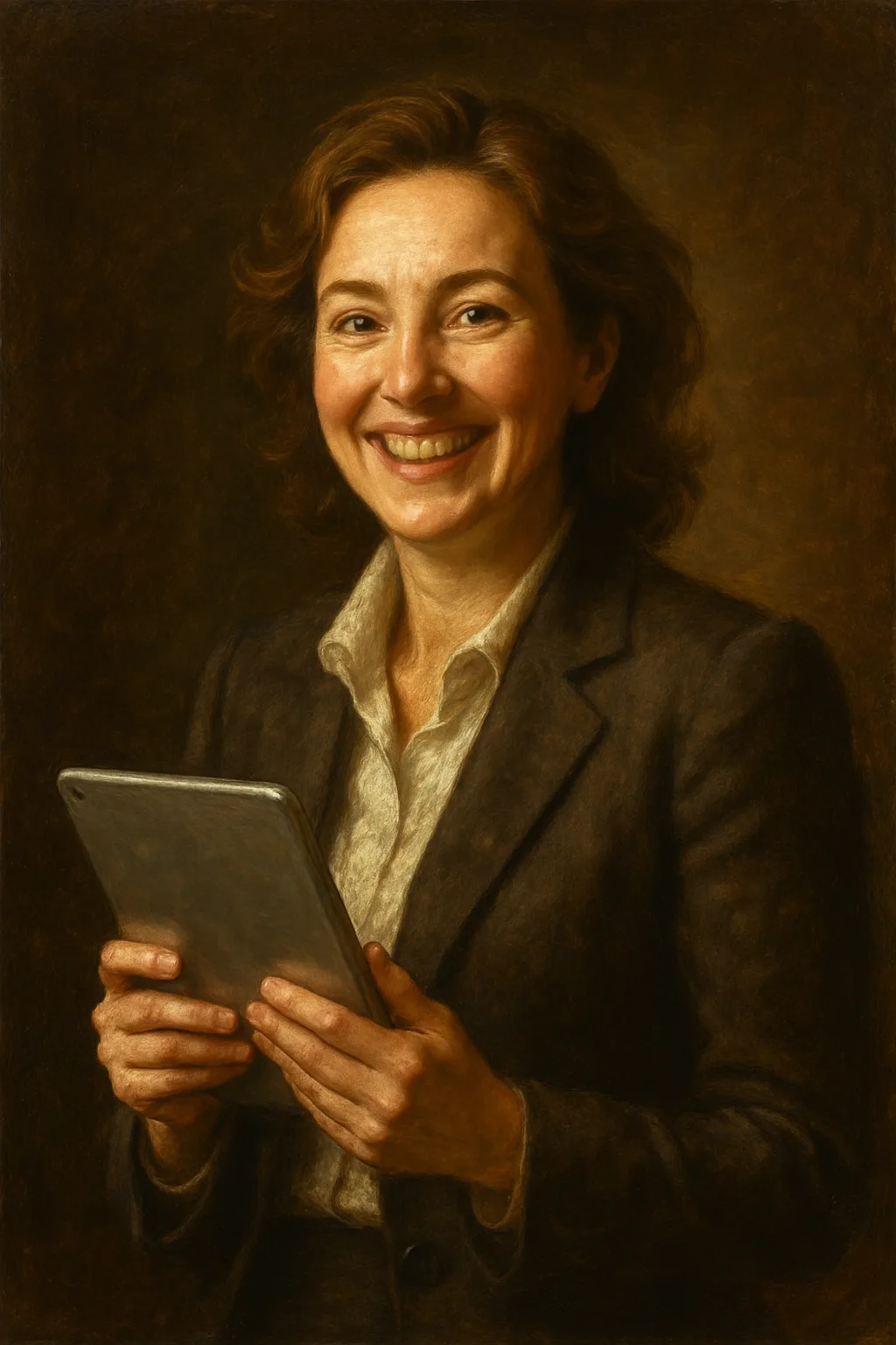 Detailed Oil Painting of a Cheerful Businesswoman