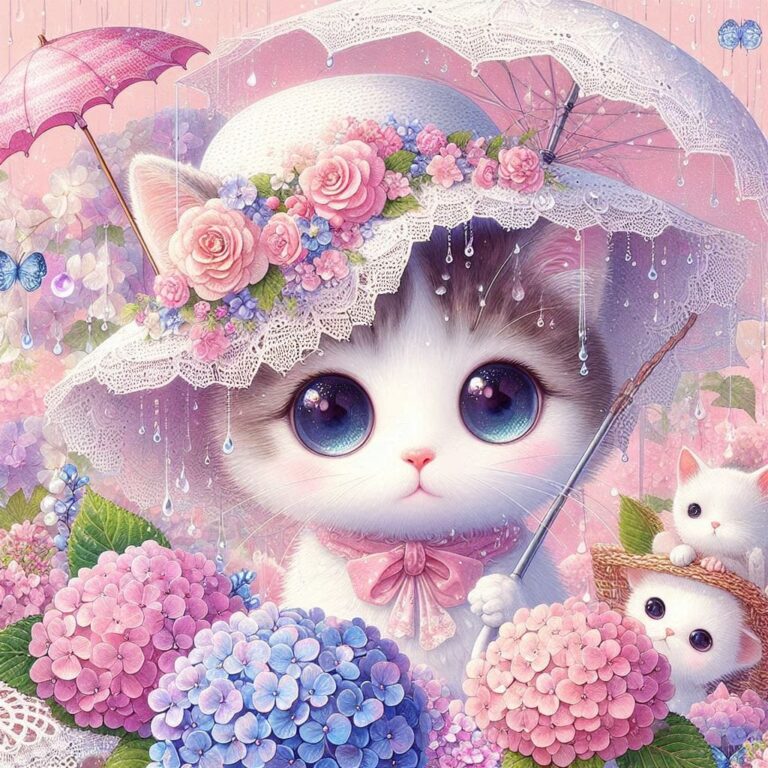 Dreamy Monet-Style Girl with Cat and Flowers