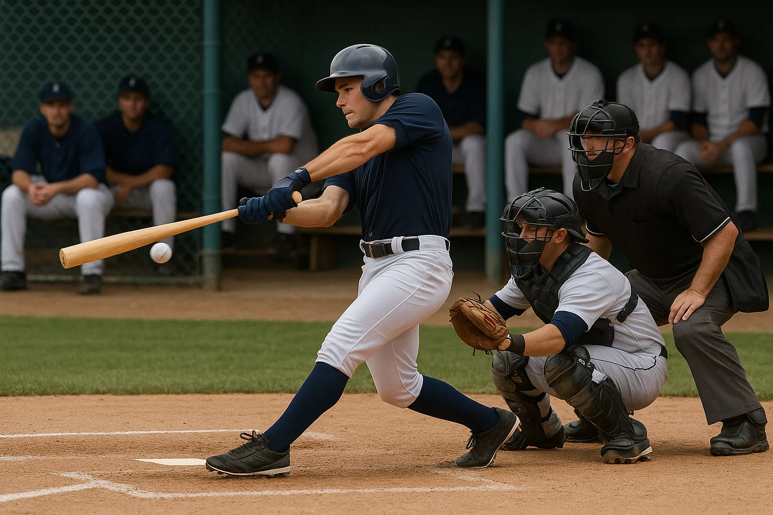 Baseball Player in a Navy Uniform Swings at a Pitch