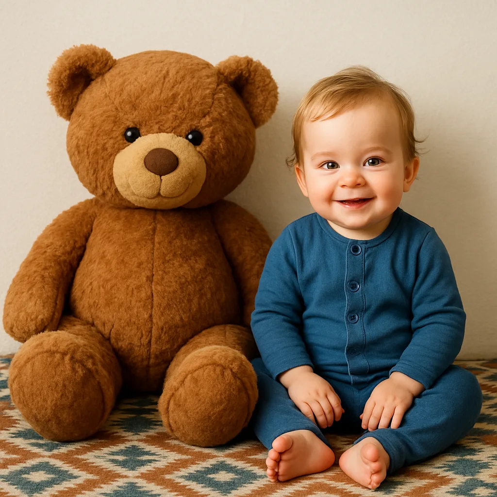 Child in a Blue Outfit Is Sitting Next