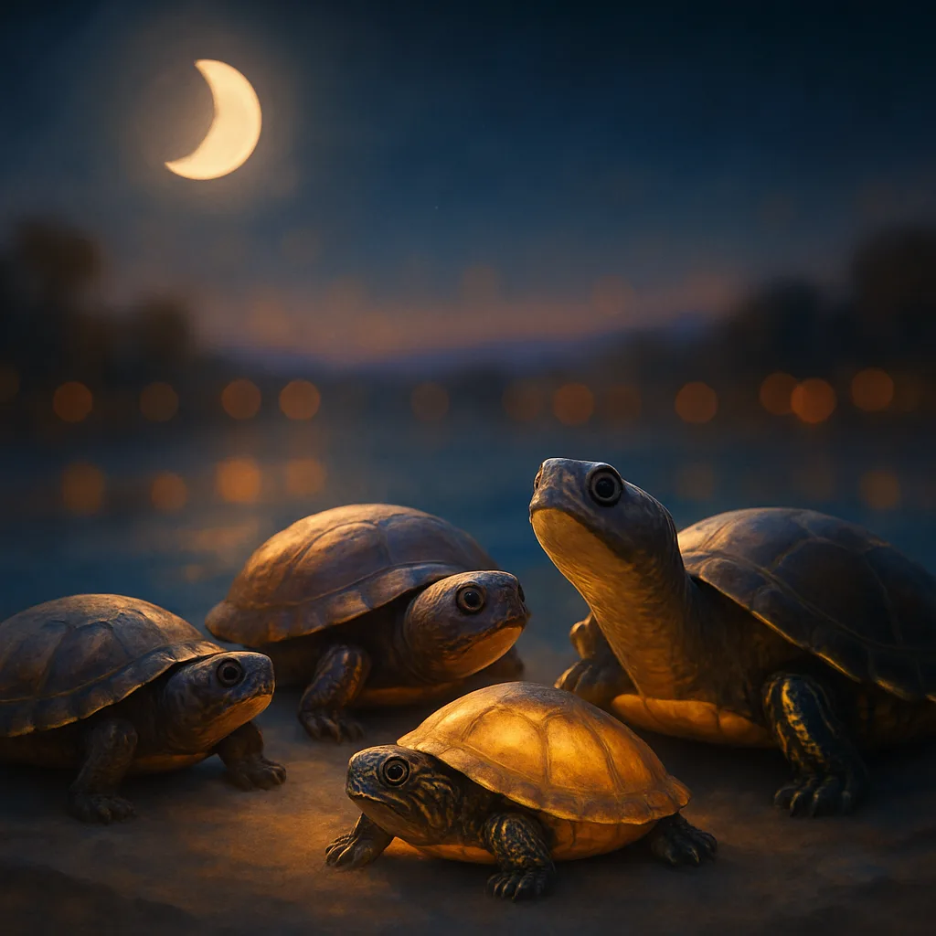 Diverse Mud Turtles Glow Warmly in Three-quarter Moonlight