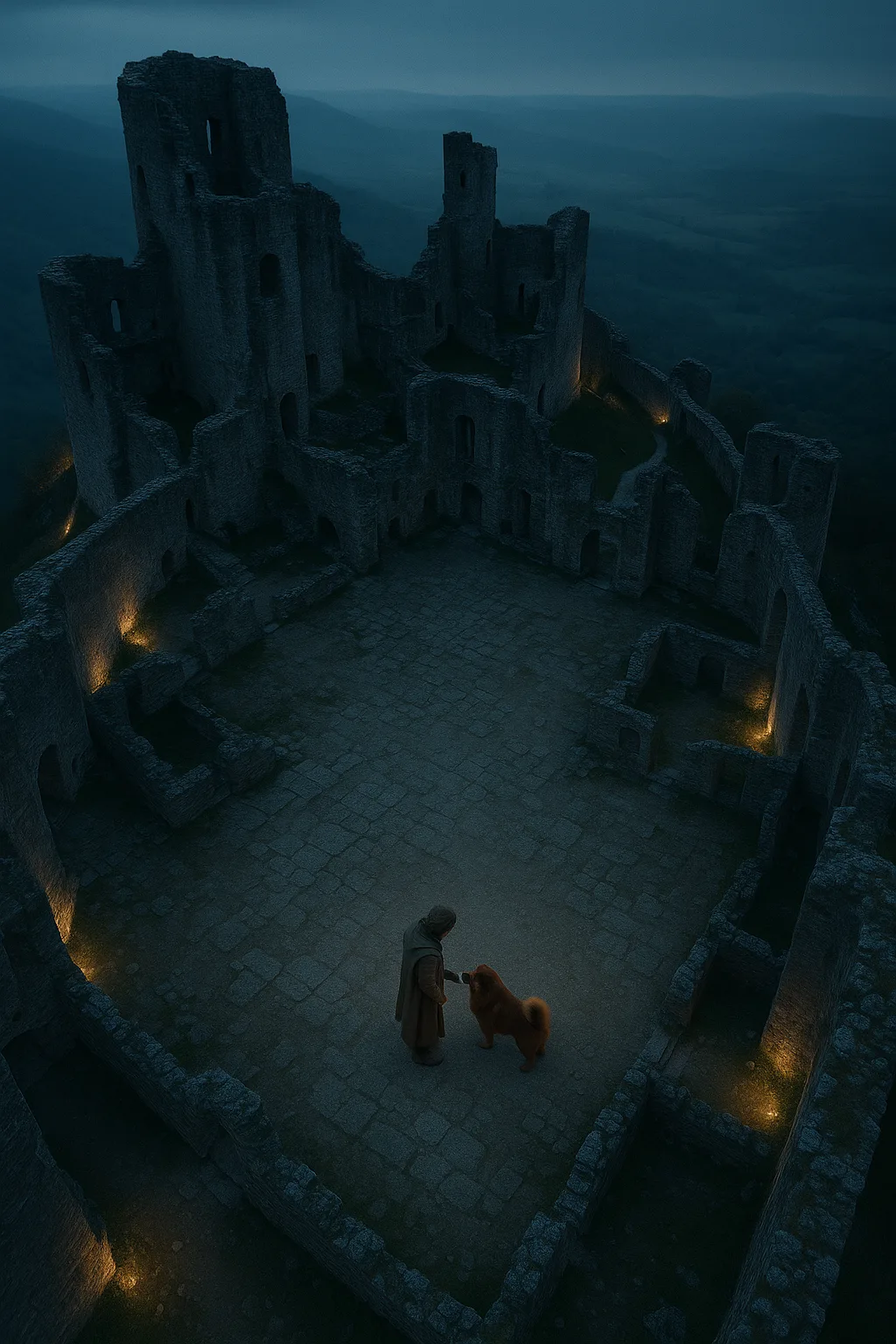 Sprawling Medieval Castle Ruins on a Hilltop Overlooking a Vast