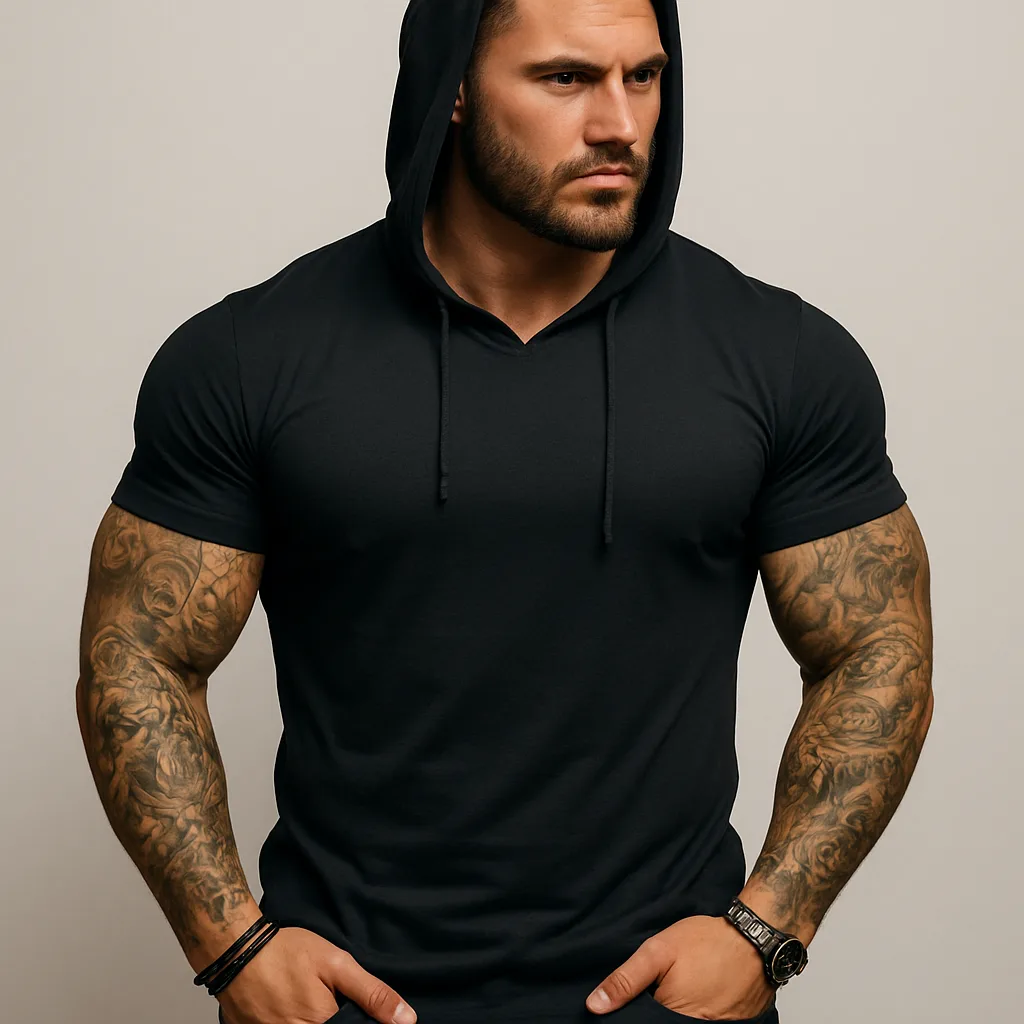 Muscular Man Wearing a Fitted Black Hooded T-shirt