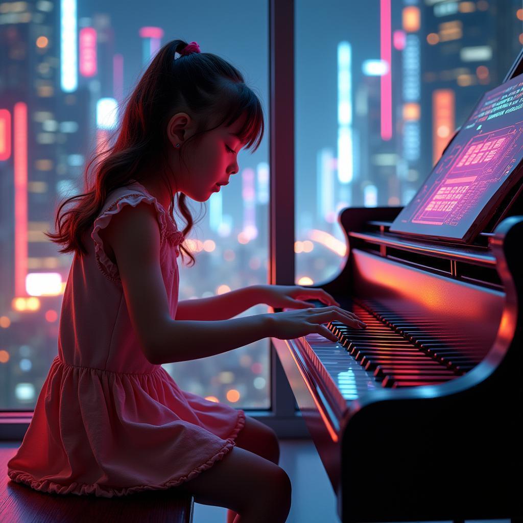 Girl Plays Piano in a Holographic Neon City