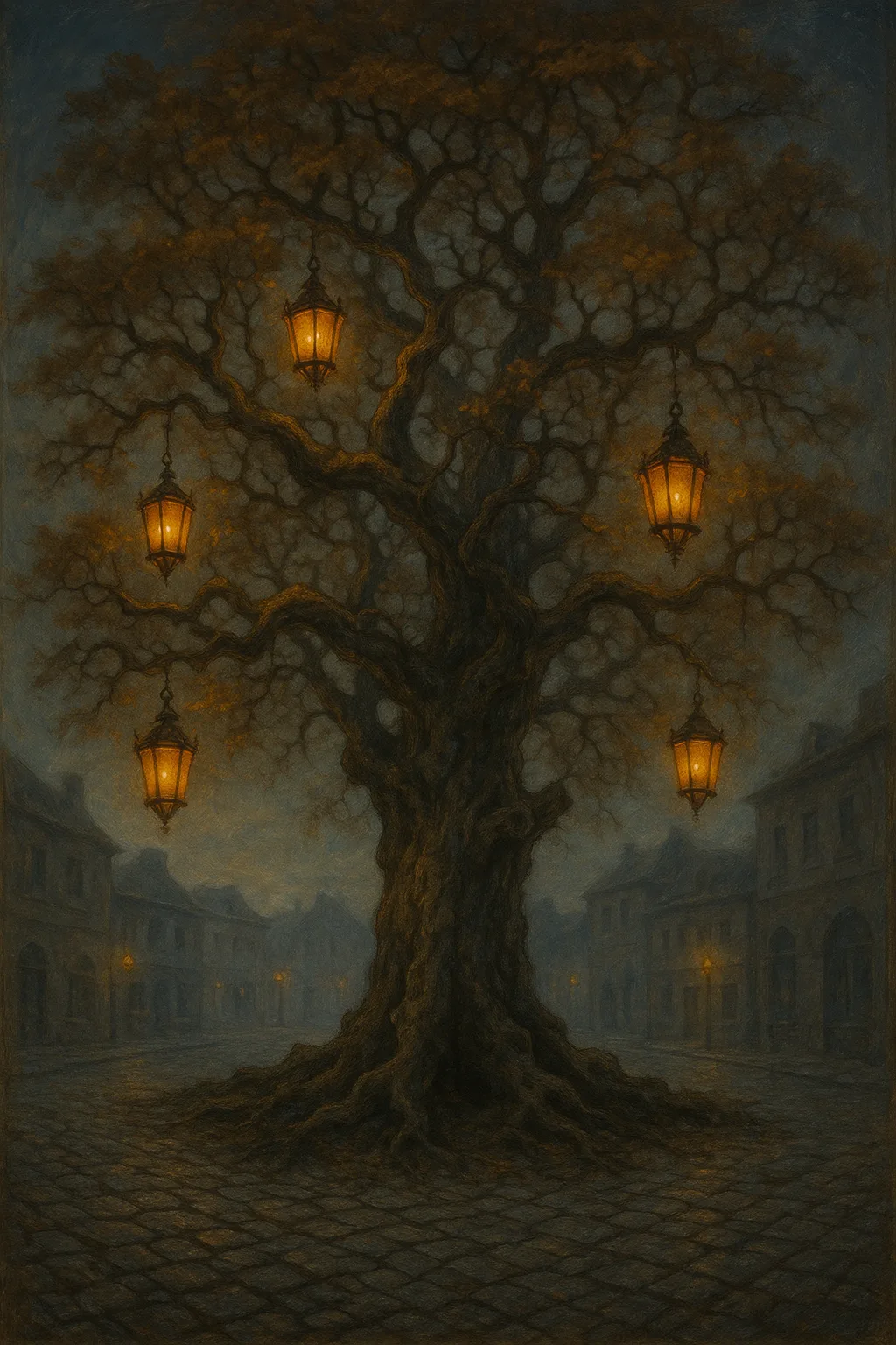 Detailed Oil Painting Showcasing a Centuries-old Oak Tree